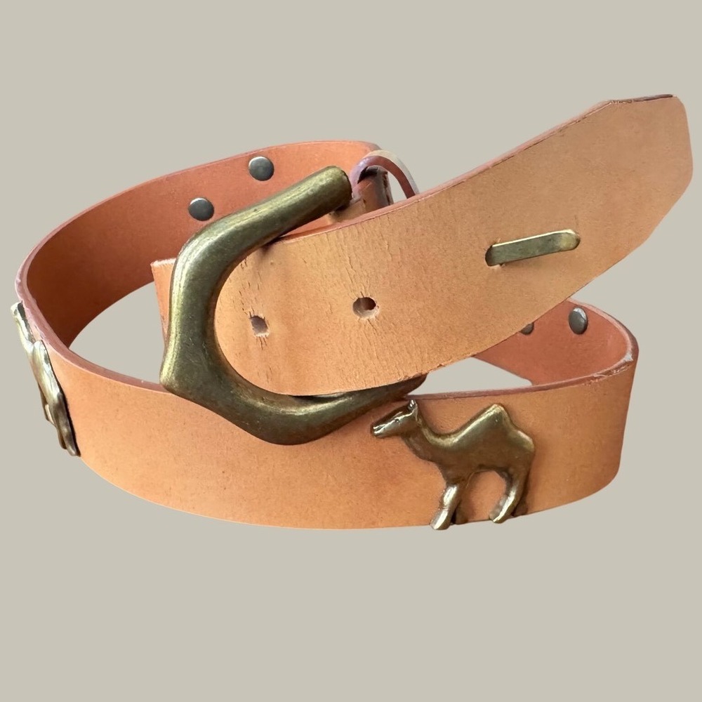 Vintage 1994 LCI Leather Camel Studded Belt Brass Buckle  Boho Small 26-28 waist